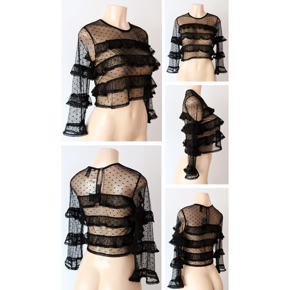 Last ☝️ Sheer Mesh Polka Dot Ruffle Crop Lace Top - Picture 2 of 8